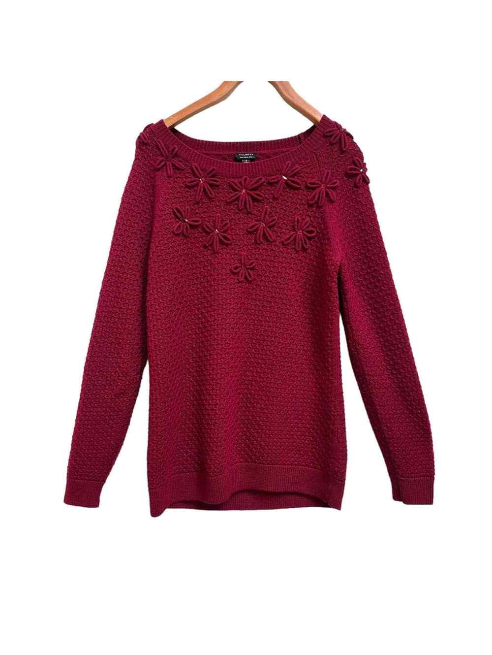 Talbots 100% Merino Wool Burgundy Red Crew Neck Floral Accent Sweater, Size S